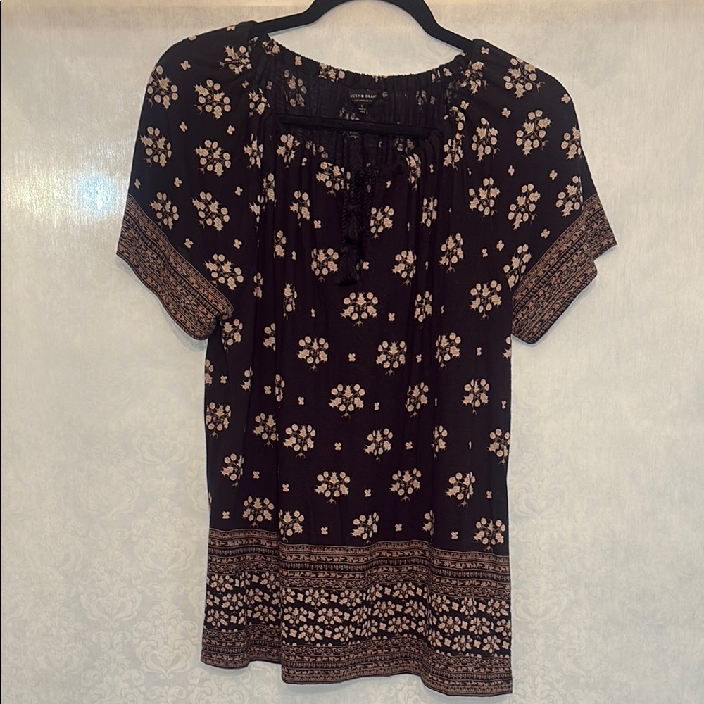 Lucky Brand Brown and Pink Embellished Short Sleeve Blouse